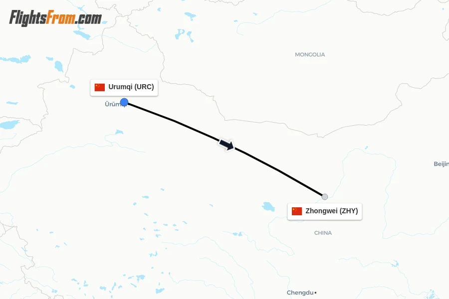 Flights from Urumqi to Zhongwei route map