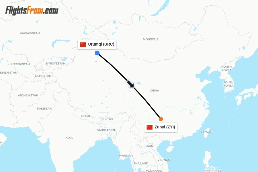 Flights from Urumqi to Zunyi route map