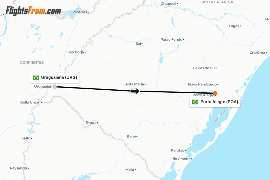 Flights from Uruguaiana to Porto Alegre route map