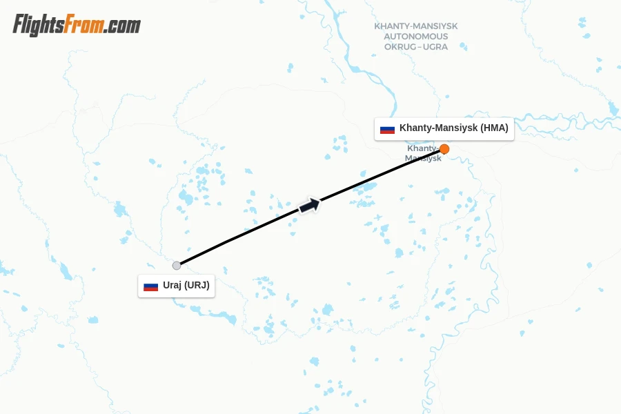 Flights from Uraj to Khanty-Mansiysk route map