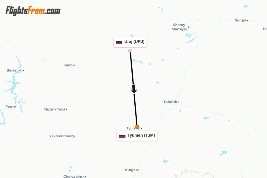 Flights from Uraj to Tyumen route map