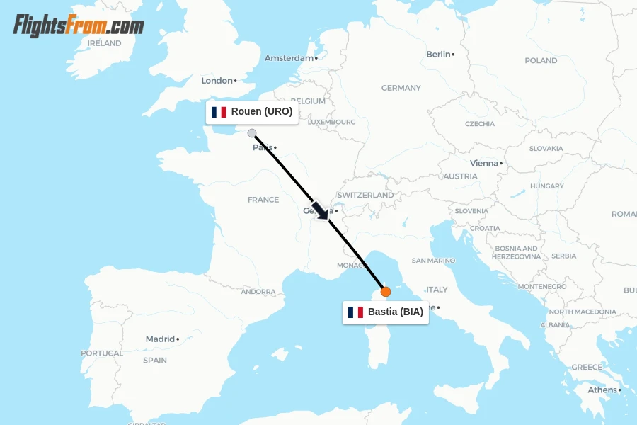 Flights from Rouen to Bastia route map