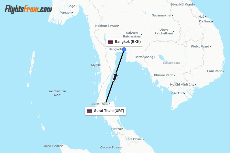 Flights from Surat Thani to Bangkok route map