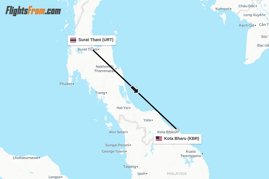 Flights from Surat Thani to Kota Bharu route map