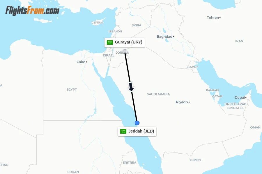 Flights from Gurayat to Jeddah route map