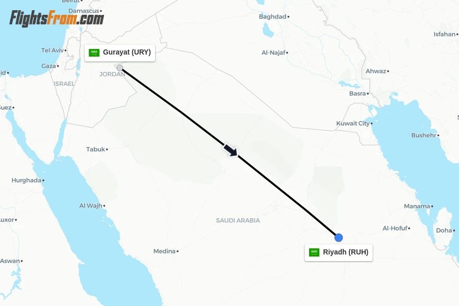 Flights from Gurayat to Riyadh route map