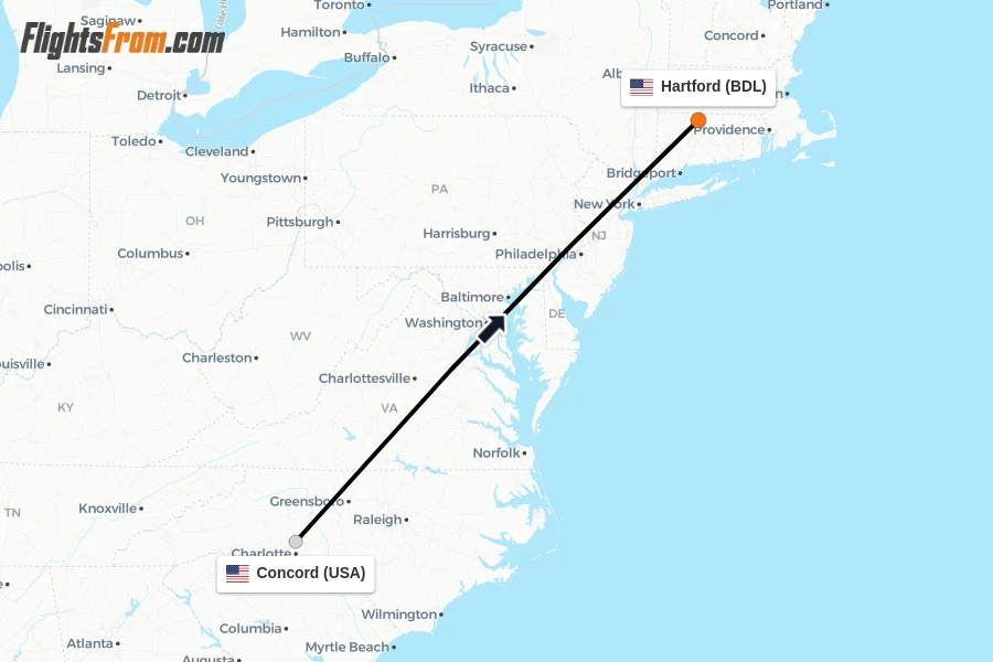 Flights from Concord to Hartford route map