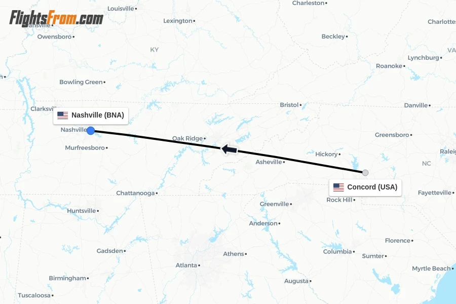 Flights from Concord to Nashville route map