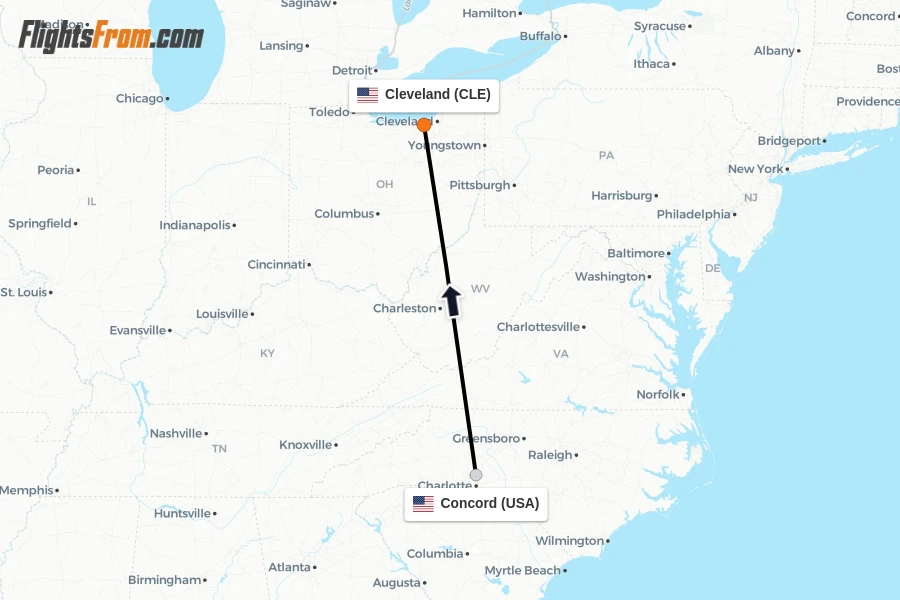 Flights from Concord to Cleveland route map