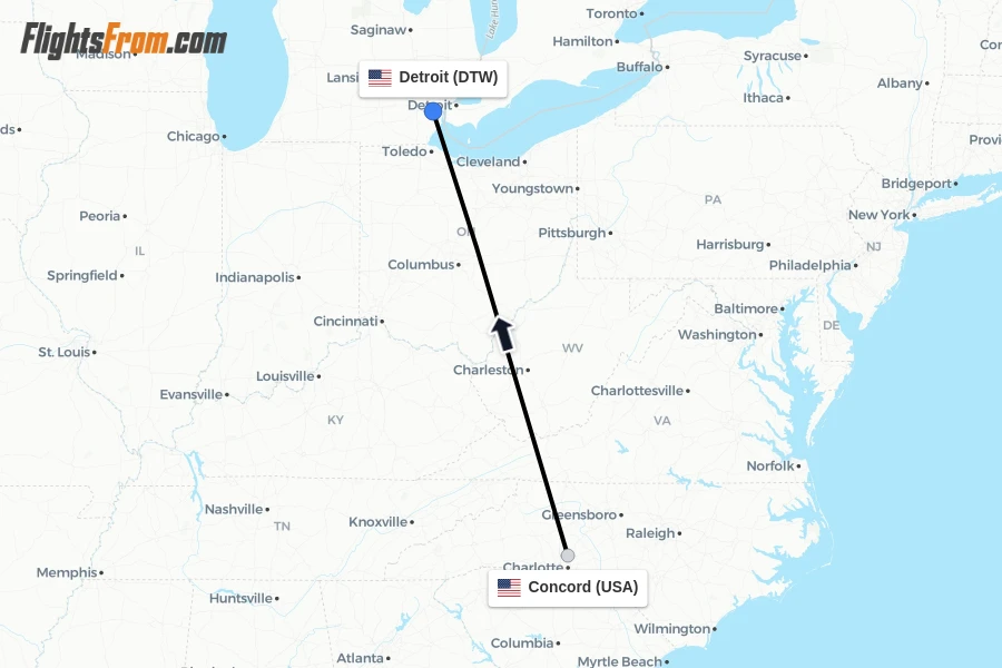Flights from Concord to Detroit route map