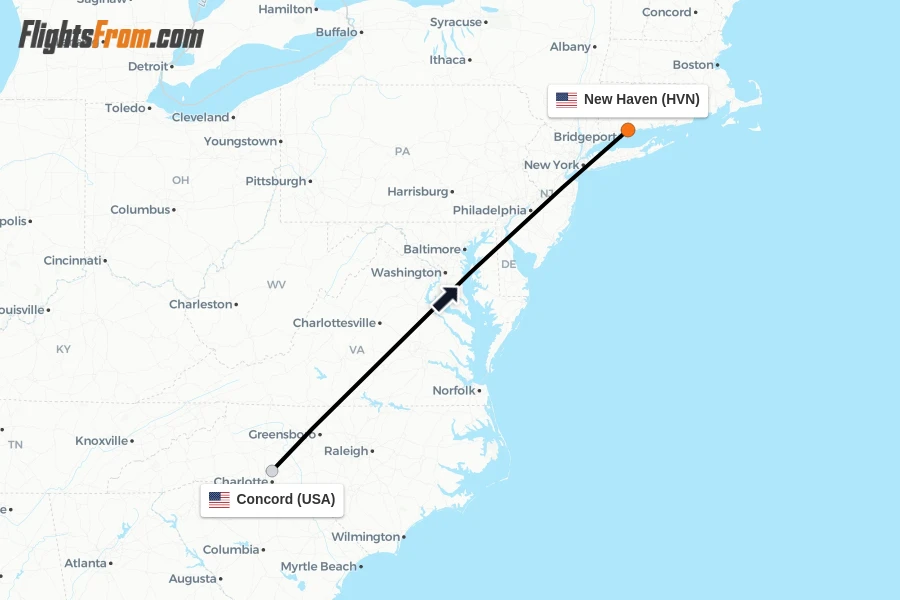 Flights from Concord to New Haven route map