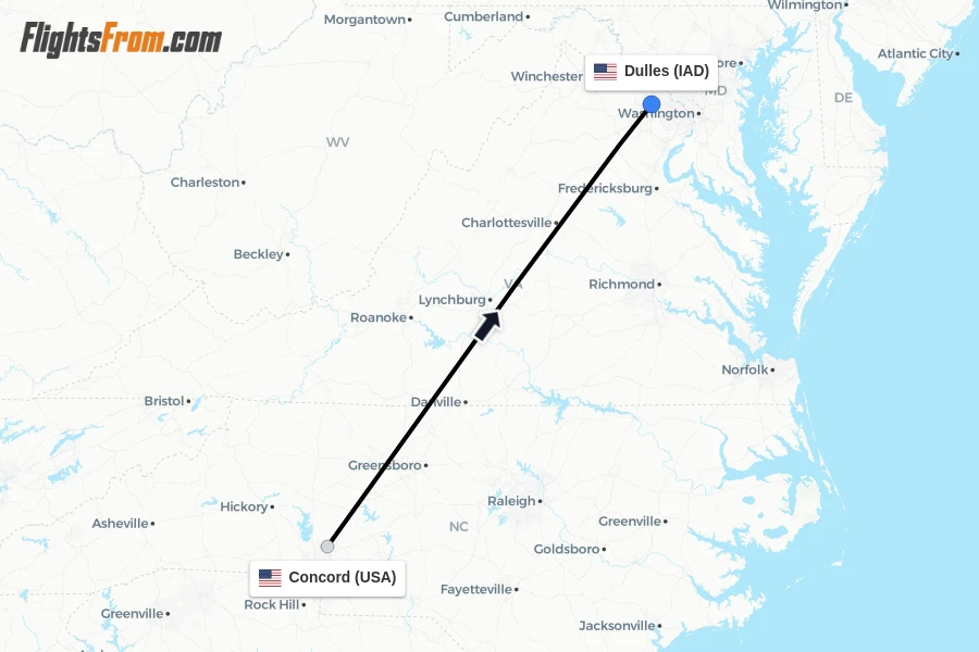 Flights from Concord to Dulles route map