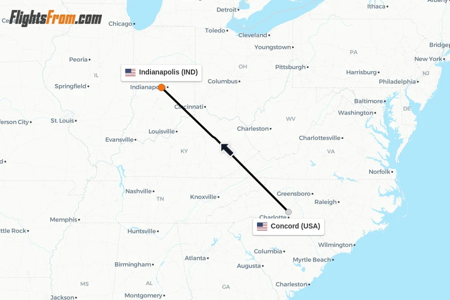 Flights from Concord to Indianapolis route map
