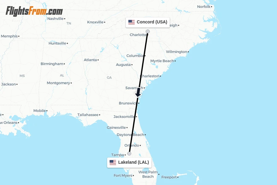 Flights from Concord to Lakeland route map