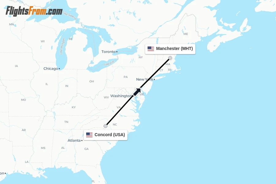 Flights from Concord to Manchester route map