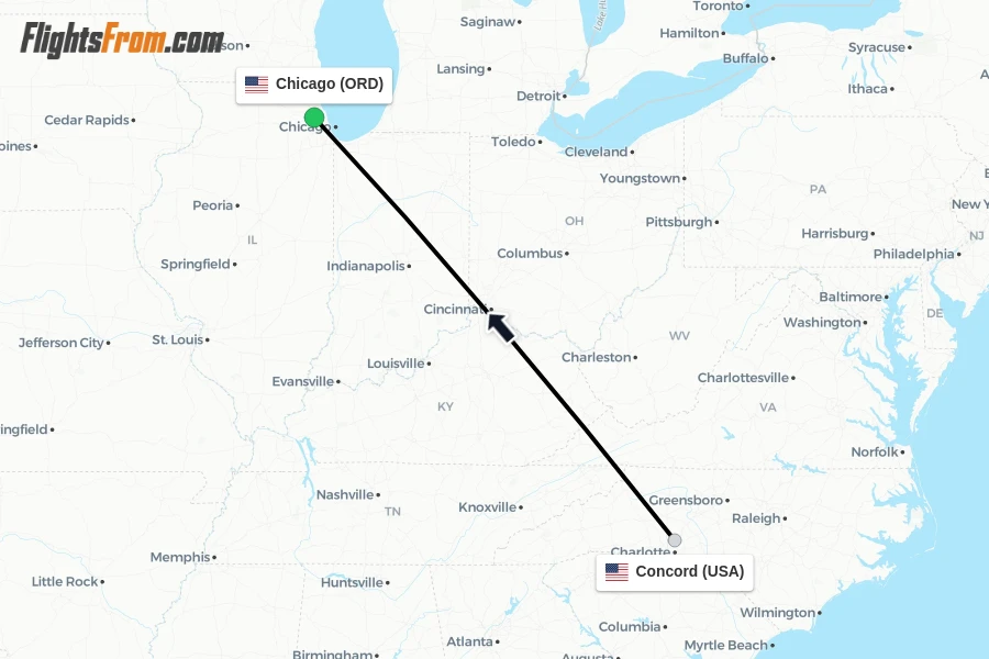 Flights from Concord to Chicago route map