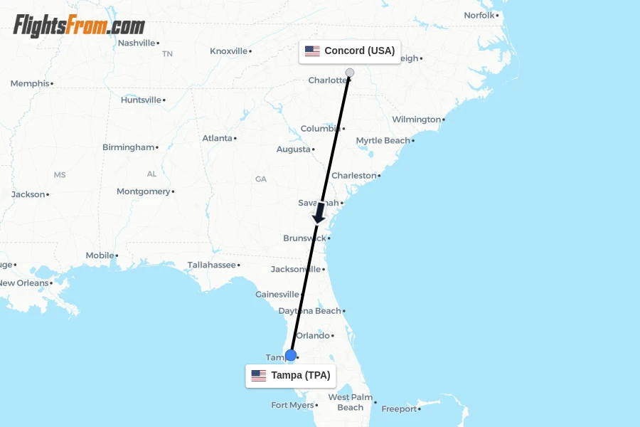 Flights from Concord to Tampa route map