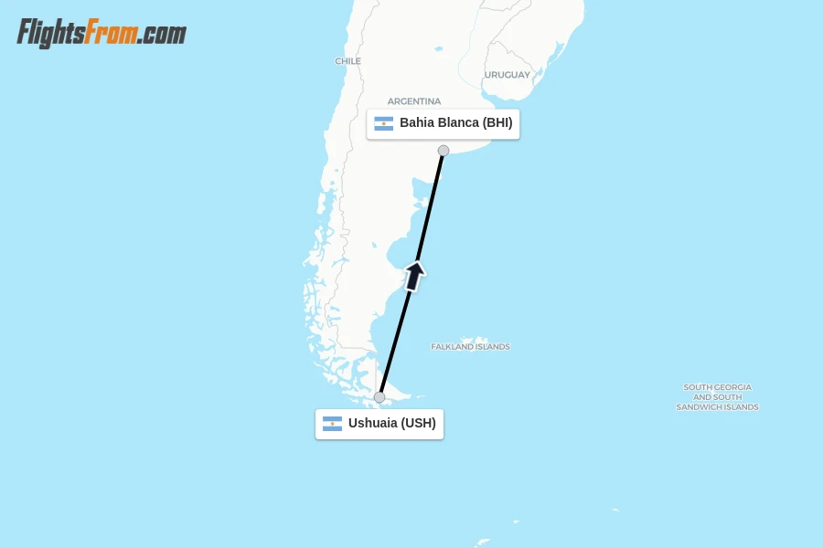 Flights from Ushuaia to Bahia Blanca route map