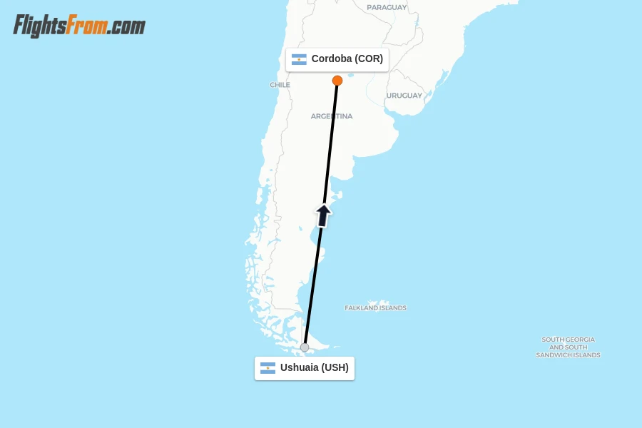 Flights from Ushuaia to Cordoba route map