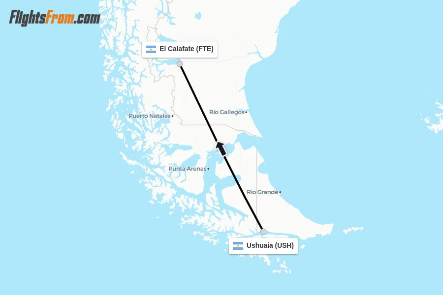 Flights from Ushuaia to El Calafate route map