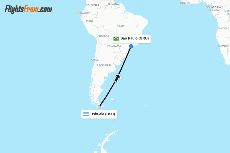 Flights from Ushuaia to Sao Paulo route map