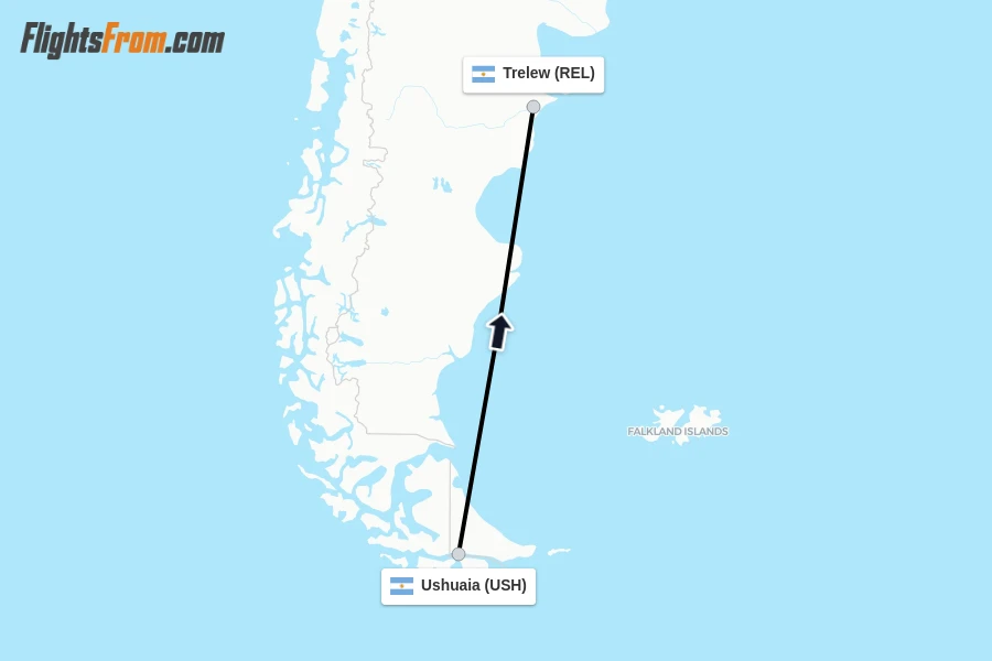 Flights from Ushuaia to Trelew route map