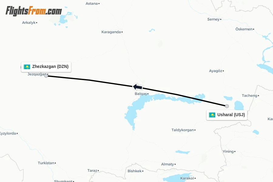 Flights from Usharal to Zhezkazgan route map