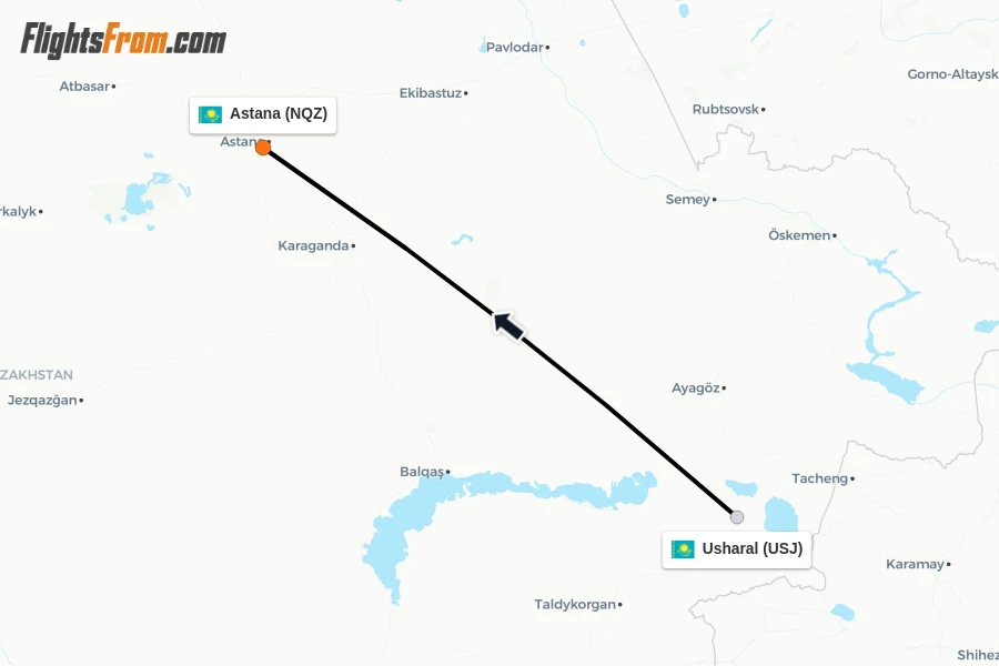 Flights from Usharal to Astana route map