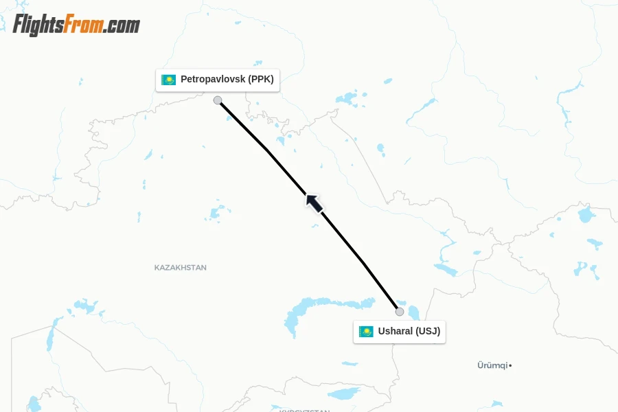 Flights from Usharal to Petropavlovsk route map