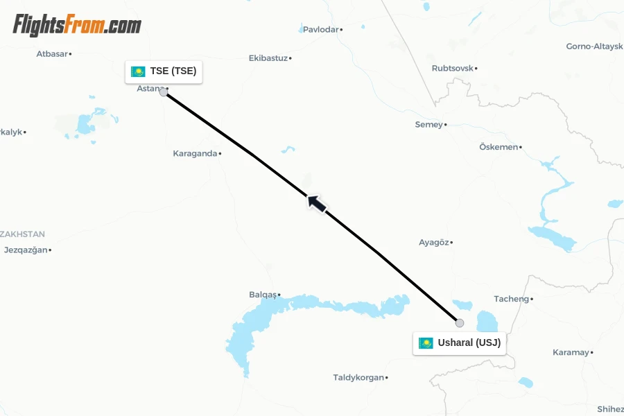 Flights from Usharal to TSE route map