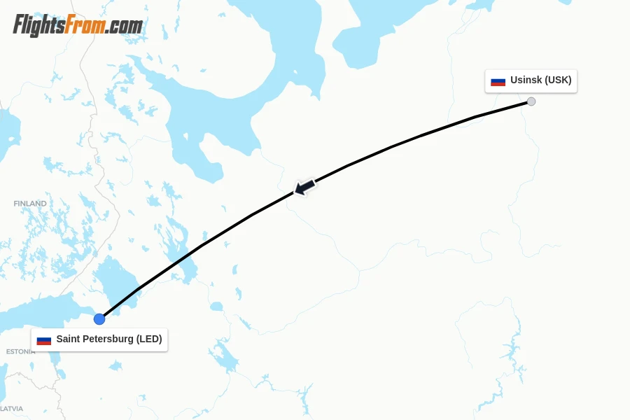 Flights from Usinsk to Saint Petersburg route map
