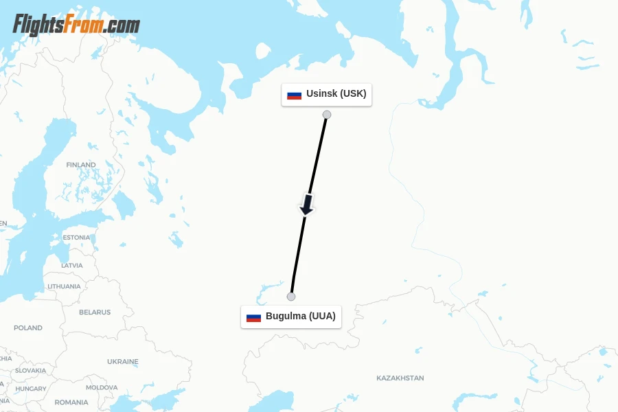 Flights from Usinsk to Bugulma route map