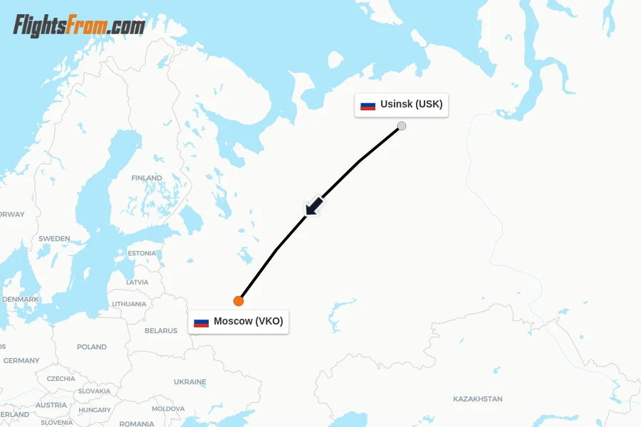 Flights from Usinsk to Moscow route map