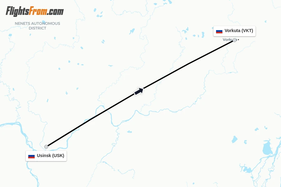 Flights from Usinsk to Vorkuta route map