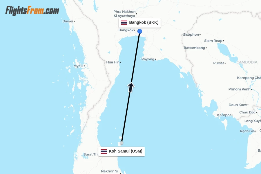 Flights from Koh Samui to Bangkok route map