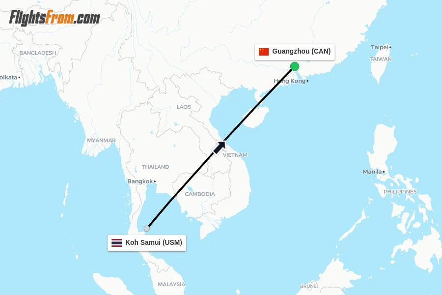Flights from Koh Samui to Guangzhou route map