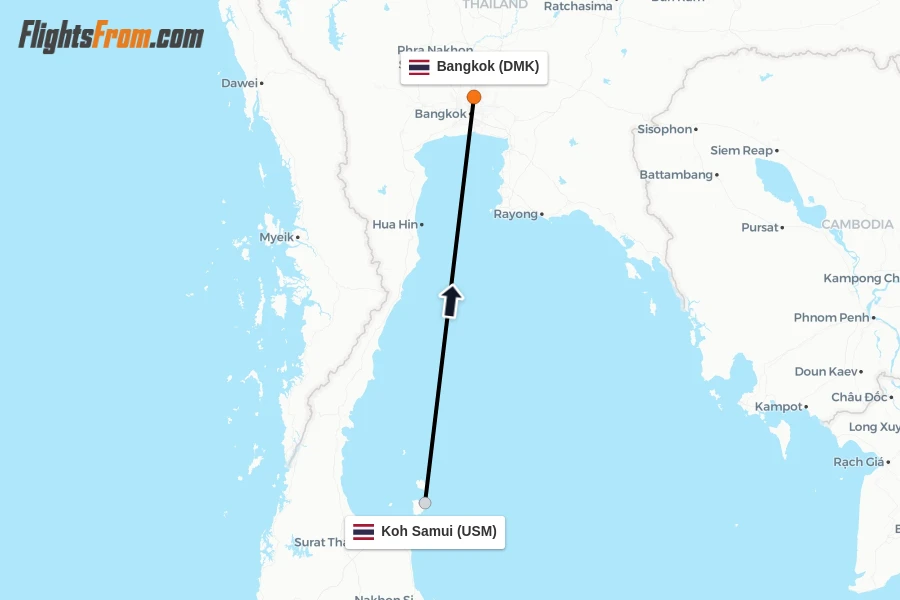 Flights from Koh Samui to Bangkok route map