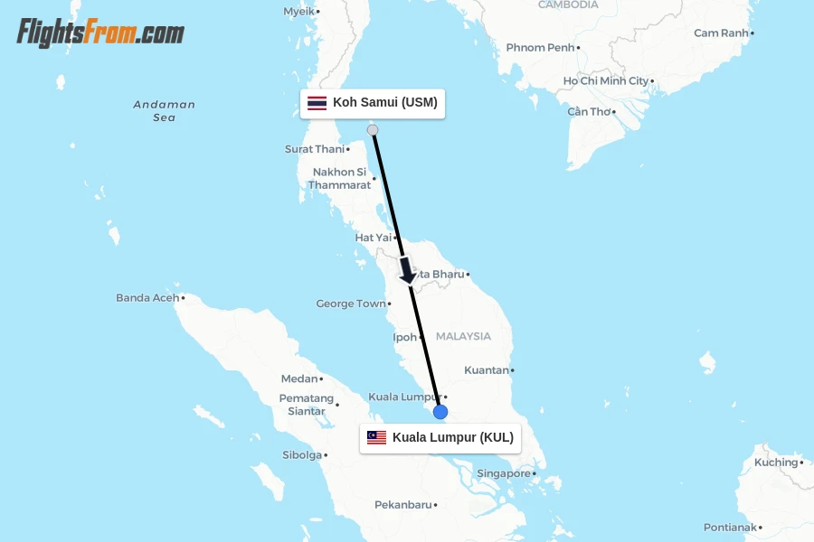 Flights from Koh Samui to Kuala Lumpur route map