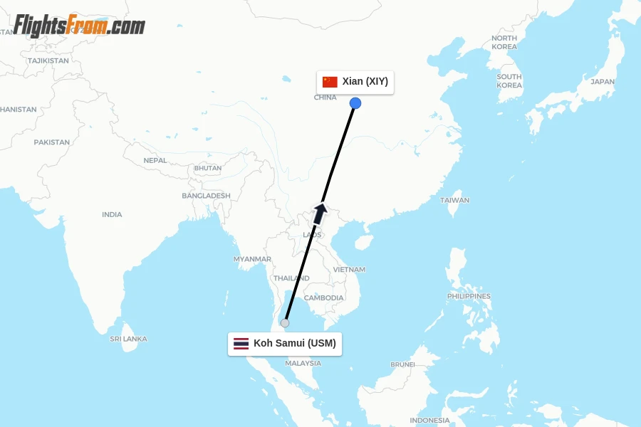 Flights from Koh Samui to Xian route map