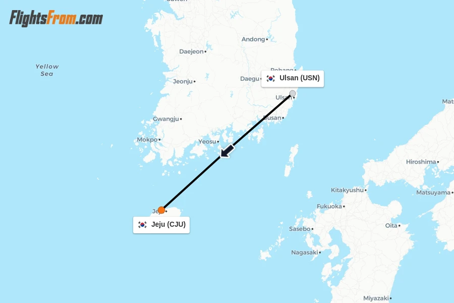 Flights from Ulsan to Jeju route map