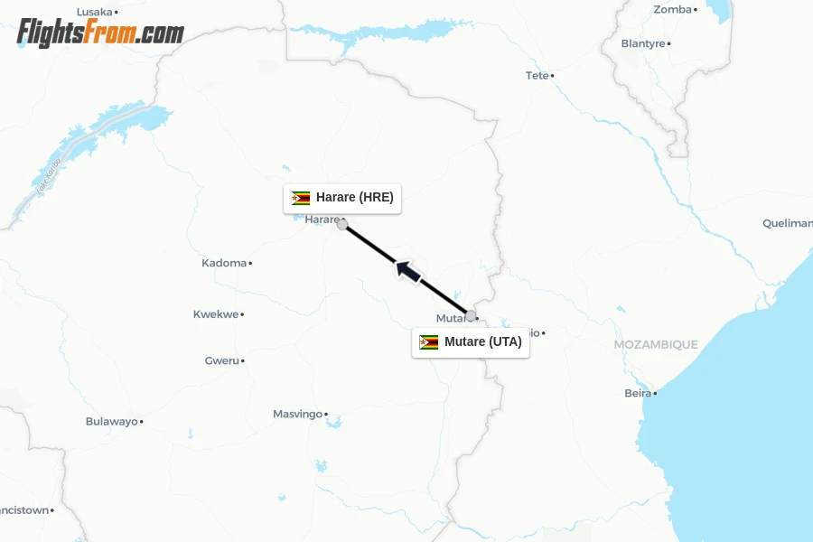 Flights from Mutare to Harare route map