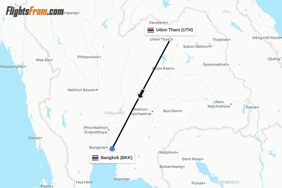 Flights from Udon Thani to Bangkok route map