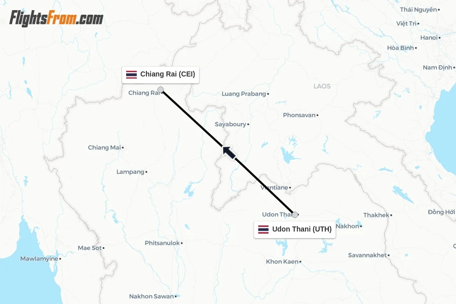 Flights from Udon Thani to Chiang Rai route map