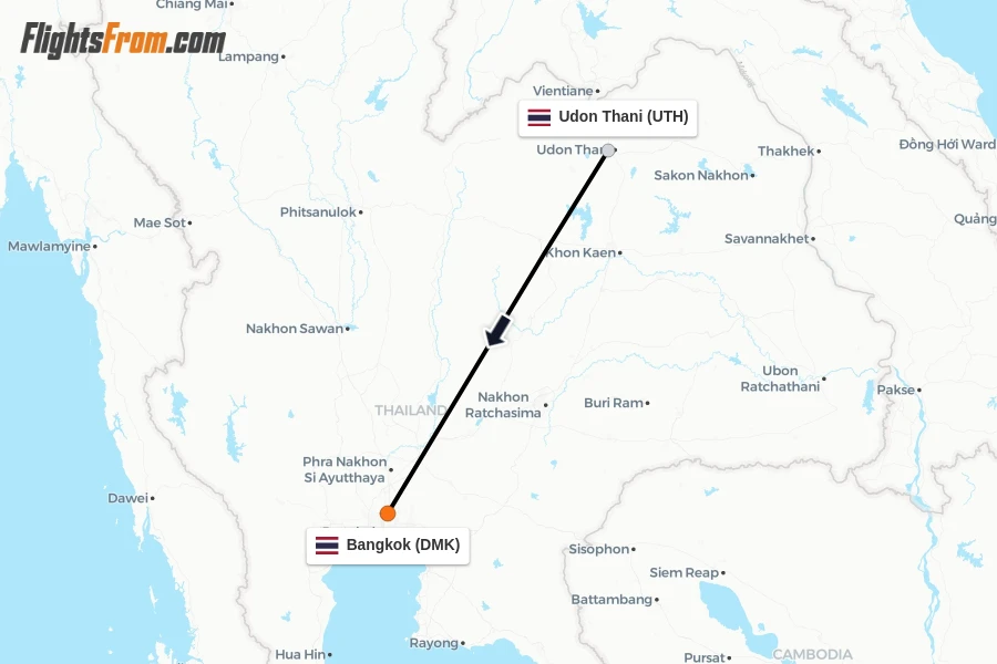 Flights from Udon Thani to Bangkok route map