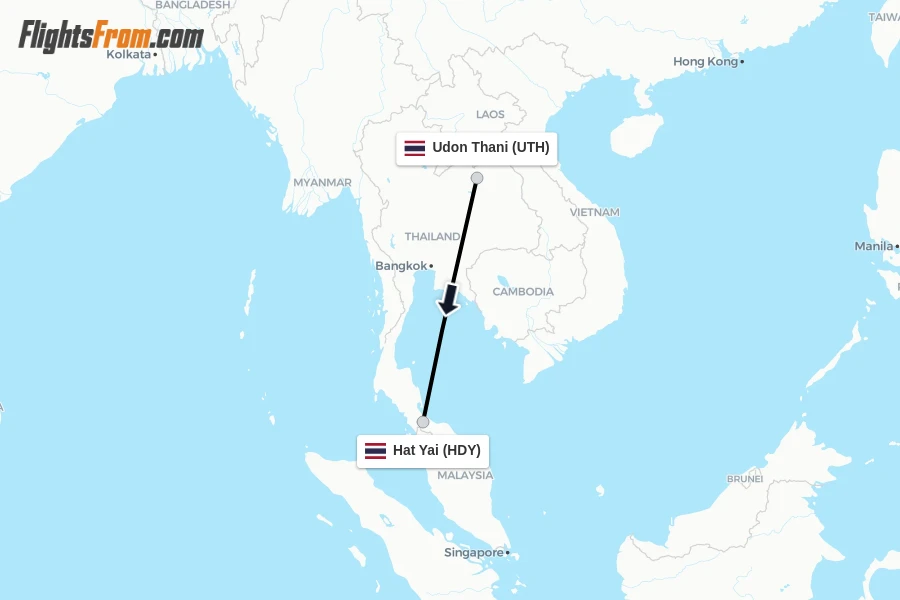 Flights from Udon Thani to Hat Yai route map