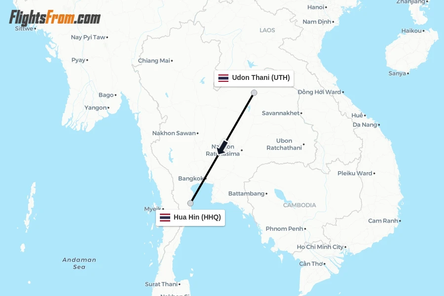 Flights from Udon Thani to Hua Hin route map