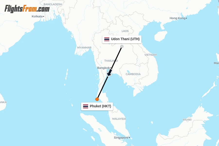Flights from Udon Thani to Phuket route map