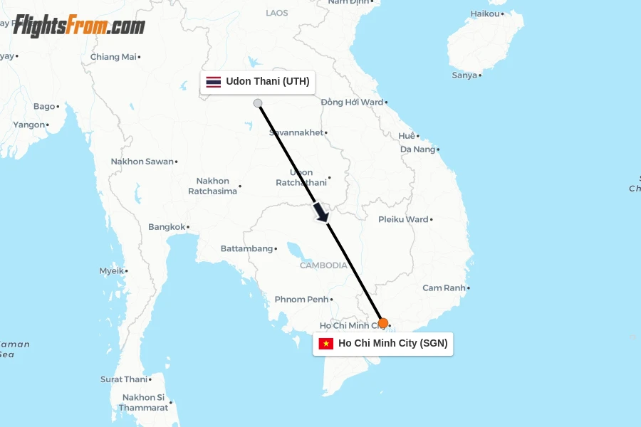 Flights from Udon Thani to Ho Chi Minh City route map