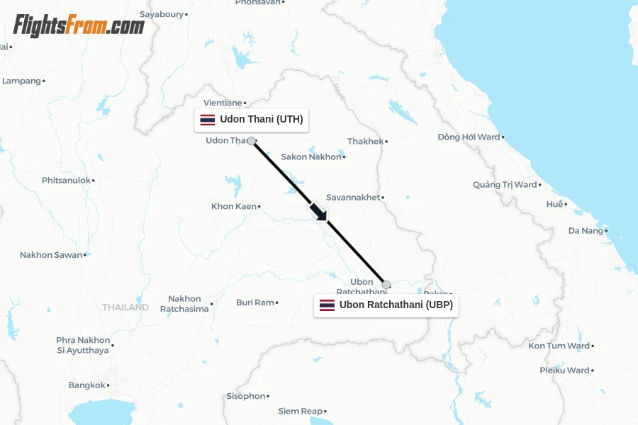 Flights from Udon Thani to Ubon Ratchathani route map