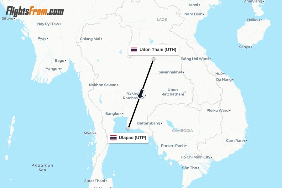 Flights from Udon Thani to Utapao route map